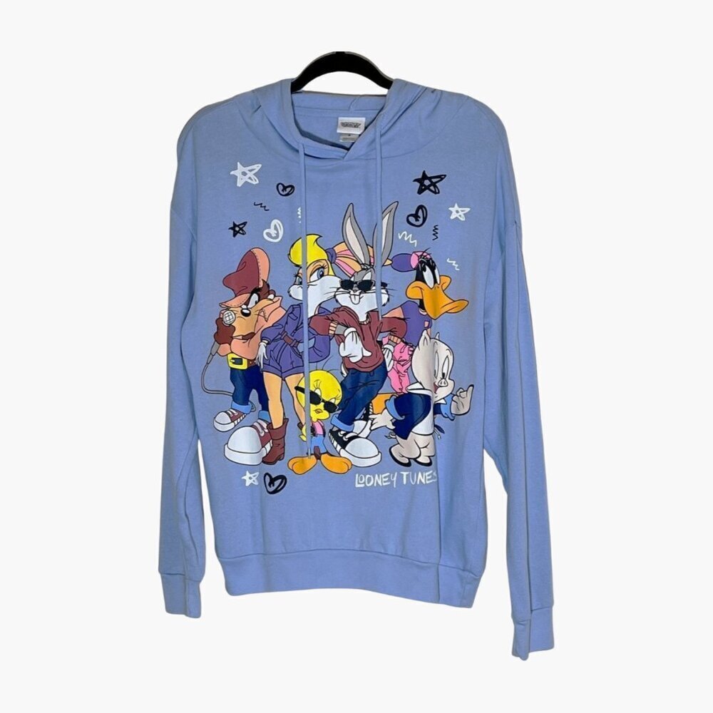 Y2K Aesthetic Looney Tunes Character Hoodie Blue Small - Bugs, Daffy, Taz